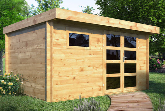 Abri de jardin bois Ep. 28mm, 13 m² – toit plat – Neuf – DESTOCKAGE