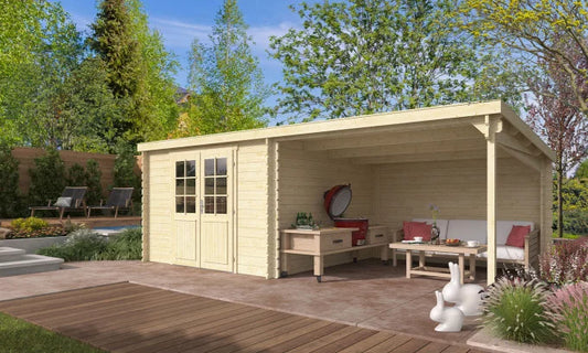 Abri de jardin Moussy 34mm - 8,13m² intérieur + préau 8.13m²